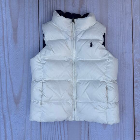 Polo Ralph Lauren Girls Size 5 Reversible Puffer Duck Down Vest White Navy - Picture 1 of 9